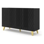 Chest of drawers DIUNA HG 145 cm, 3 doors, black mat with black front, gold legs