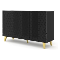 Chest of drawers DIUNA HG 145 cm, 3 doors, black mat with black front, gold legs