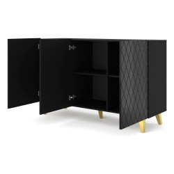 Chest of drawers DIUNA HG 145 cm, 3 doors, black mat with black front, gold legs Chest of drawers DIUNA HG 145 cm, 3 doors, black mat with black front, gold legs