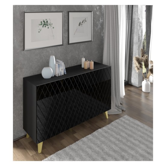 Комод DIUNA HG 145 см, 3 двери, чёрный матовый с фасадом чёрным, золотые ножки Комод DIUNA HG 145 см, 3 двери, чёрный матовый с фасадом чёрным, золотые ножки