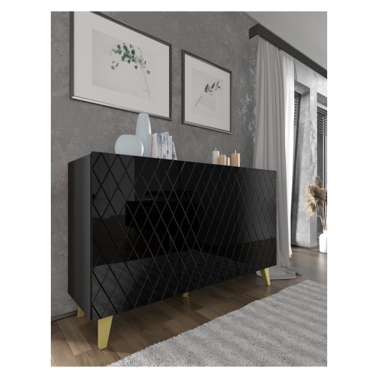 Комод DIUNA HG 145 см, 3 двери, чёрный матовый с фасадом чёрным, золотые ножки Комод DIUNA HG 145 см, 3 двери, чёрный матовый с фасадом чёрным, золотые ножки