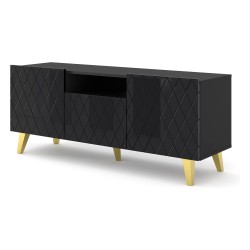 TV unit DIUNA HG 145 cm, 3 doors, black mat with black front, gold legs