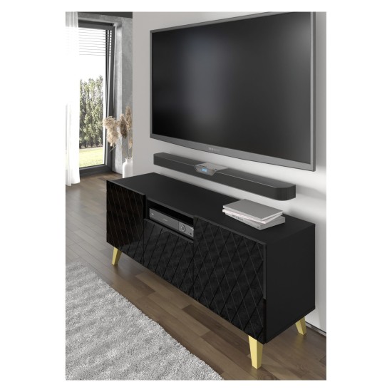 Тумба ТВ DIUNA HG 145 см, 3 двери, чёрный матовый с фасадом чёрным, золотые ножки