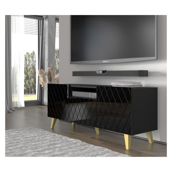 Тумба ТВ DIUNA HG 145 см, 3 двери, чёрный матовый с фасадом чёрным, золотые ножки