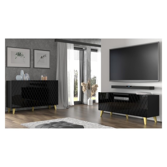 Тумба ТВ DIUNA HG 145 см, 3 двери, чёрный матовый с фасадом чёрным, золотые ножки