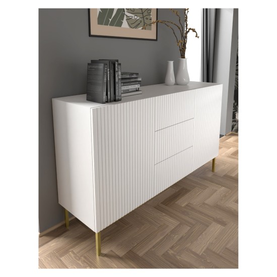 Комод RAVENNA B 150 см, 2 двери и 3 ящика, белый матовый, золотые ножки