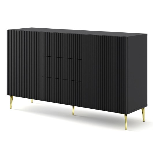 Chest of drawers RAVENNA B 150 cm, 2 doors and 3 drawers, black mat, gold legs