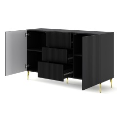 Chest of drawers RAVENNA B 150 cm, 2 doors and 3 drawers, black mat, gold legs