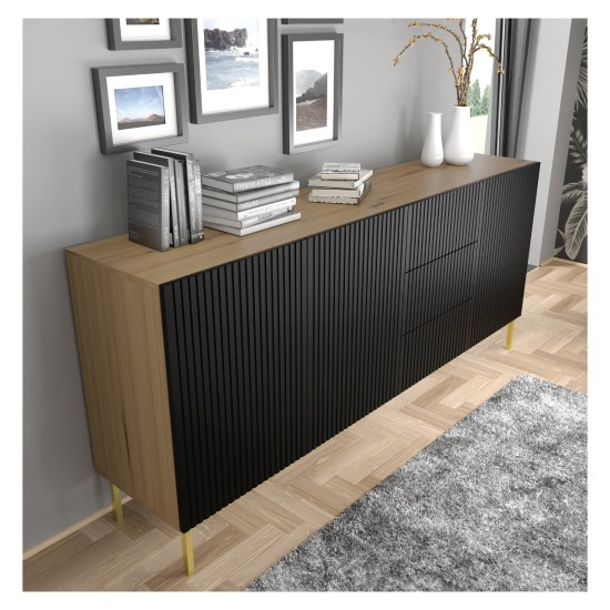 Chest of drawers RAVENNA B 200 cm, 3 doors and 3 drawers, artisan oak with black mat front, gold legs