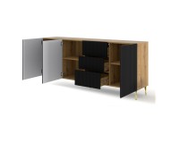Chest of drawers RAVENNA B 200 cm, 3 doors and 3 drawers, artisan oak with black mat front, gold legs