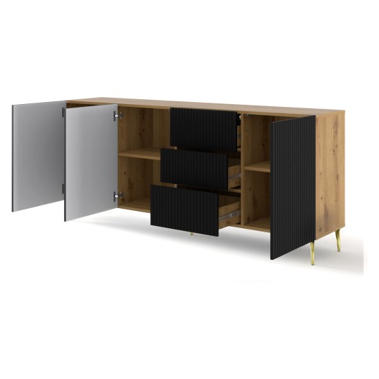 Chest of drawers RAVENNA B 200 cm, 3 doors and 3 drawers, artisan oak with black mat front, gold legs
