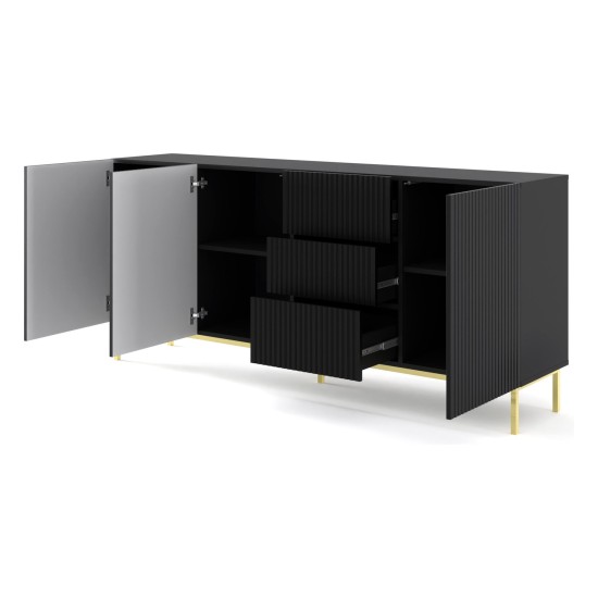 Chest of drawers RAVENNA B 200 cm, 3 doors and 3 drawers, black mat, gold frame Chest of drawers RAVENNA B 200 cm, 3 doors and 3 drawers, black mat, gold frame