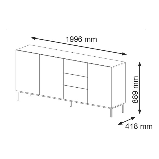 Chest of drawers RAVENNA B 200 cm, 3 doors and 3 drawers, black mat, gold frame Chest of drawers RAVENNA B 200 cm, 3 doors and 3 drawers, black mat, gold frame