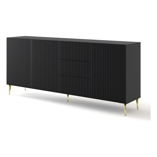 Chest of drawers RAVENNA B 200 cm, 3 doors and 3 drawers, black mat, gold legs Chest of drawers RAVENNA B 200 cm, 3 doors and 3 drawers, black mat, gold legs