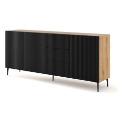 Chest of drawers RAVENNA B 200 cm, 3 doors and 3 drawers, artisan oak with black mat front, gold frame