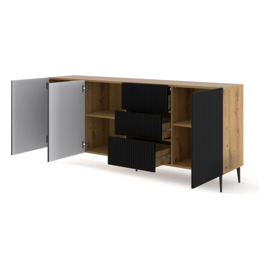 Chest of drawers RAVENNA B 200 cm, 3 doors and 3 drawers, artisan oak with black mat front, gold frame Chest of drawers RAVENNA B 200 cm, 3 doors and 3 drawers, artisan oak with black mat front, gold frame