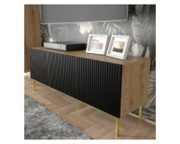 Тумба ТВ RAVENNA B 150 см, 3 двери, дуб артисан с фасадом чёрным матовым, чёрная рама