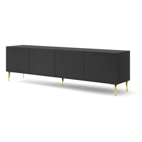 TV unit RAVENNA C 200 cm, 4 doors, black mat with black gloss front, gold frame