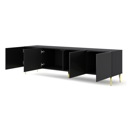 TV unit RAVENNA C 200 cm, 4 doors, black mat with black gloss front, gold frame