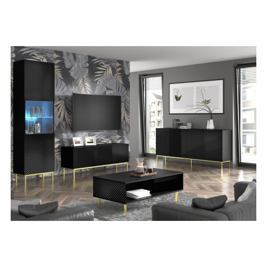 TV unit RAVENNA C 200 cm, 4 doors, black mat with black gloss front, gold frame