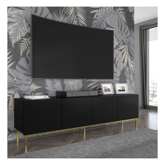 TV unit RAVENNA C 200 cm, 4 doors, black mat with black gloss front, gold frame