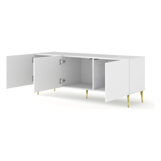 TV unit RAVENNA C 150 cm, 3 doors, white mat with white gloss front, gold frame