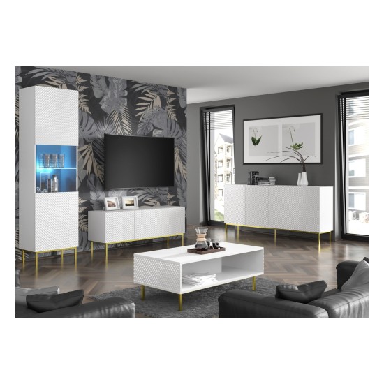 TV unit RAVENNA C 150 cm, 3 doors, white mat with white gloss front, gold frame