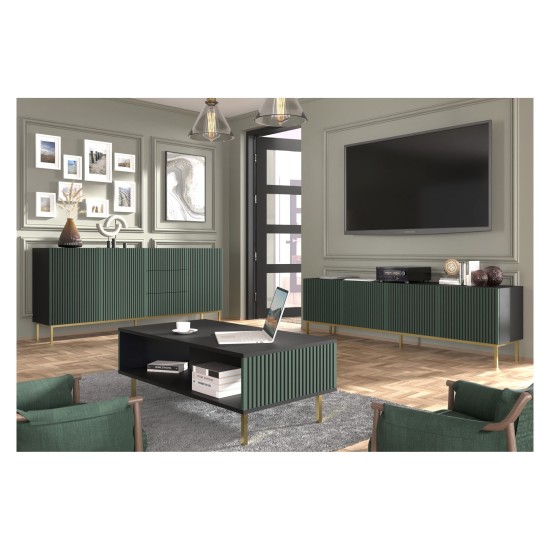 Тумба ТВ RAVENNA F 200 см, 4 двери, чёрный матовый с фасадом тёмно-зелёным, золотая рама