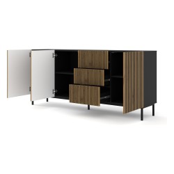 Chest of drawers RAVENNA F 200 cm, 3 doors and 3 drawers, black mat with artisan oak front, gold frame