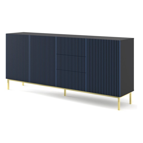 Chest of drawers RAVENNA F 200 cm, 3 doors and 3 drawers, black mat with navy blue front, gold frame Chest of drawers RAVENNA F 200 cm, 3 doors and 3 drawers, black mat with navy blue front, gold frame