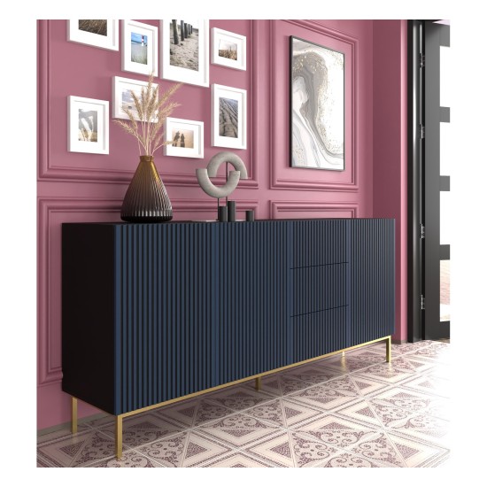 Chest of drawers RAVENNA F 200 cm, 3 doors and 3 drawers, black mat with navy blue front, gold frame Chest of drawers RAVENNA F 200 cm, 3 doors and 3 drawers, black mat with navy blue front, gold frame