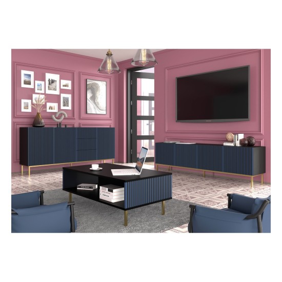 Chest of drawers RAVENNA F 200 cm, 3 doors and 3 drawers, black mat with navy blue front, gold frame Chest of drawers RAVENNA F 200 cm, 3 doors and 3 drawers, black mat with navy blue front, gold frame