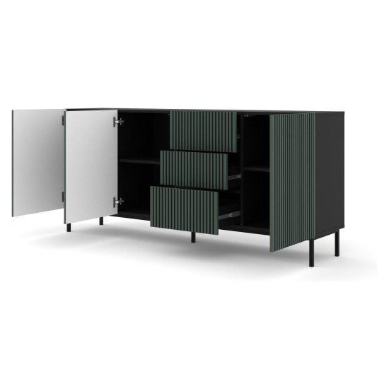 Комод RAVENNA F 200 см, 3 двери и 3 ящика, чёрный матовый с фасадом тёмно-зелёным, чёрная рама