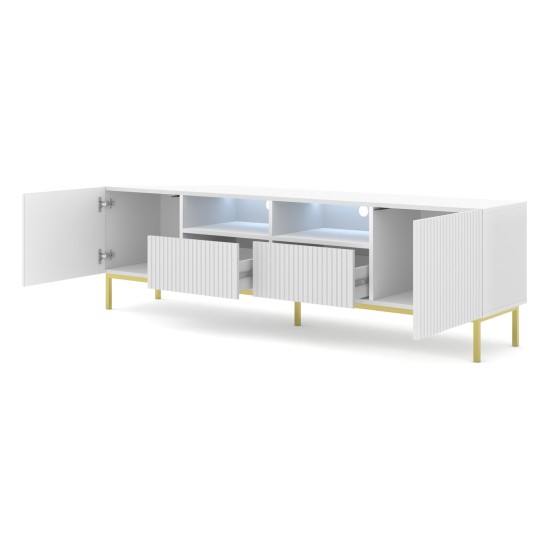 TV unit RAVENNA CK 200 cm, 2 doors and 2 drawers, white with white mat front, gold frame