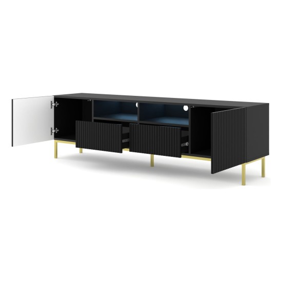 TV unit RAVENNA CK 200 cm, 2 doors and 2 drawers, black mat, gold frame
