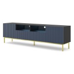 TV unit RAVENNA CK 200 cm, 2 doors and 2 drawers, black mat with blue front, gold frame