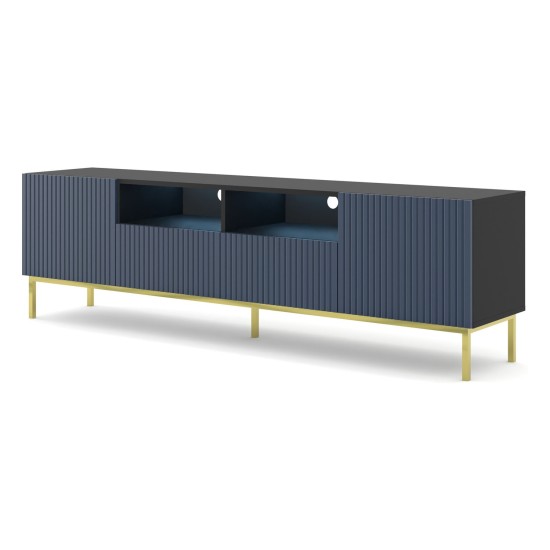 מזנון טלוויזיה RAVENNA CK 200, 2 דלתות ו 2 מגירות, שחור מט עם חזית כחול, מסגרת זהב