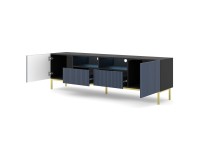 מזנון טלוויזיה RAVENNA CK 200, 2 דלתות ו 2 מגירות, שחור מט עם חזית כחול, מסגרת זהב