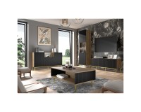 מזנון טלוויזיה RAVENNA B 150, 3 דלתות, אלון ארטיסן עם חזית שחור מט, רגליים בזהב
