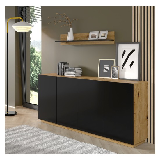Chest of drawers AURA 198 cm, 4 doors, artisan oak with black mat front Chest of drawers AURA 198 cm, 4 doors, artisan oak with black mat front