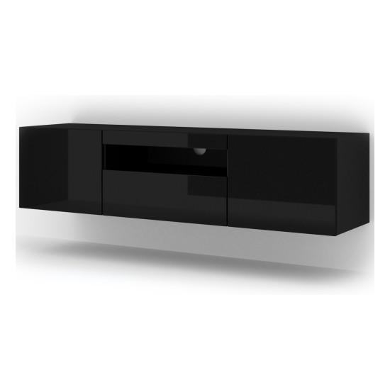 Тумба ТВ AURA 150 см, чёрный матовый с фасадом чёрным глянцем, с подсветкой
