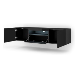 TV unit AURA 150 cm, black mat with black gloss front, with LED