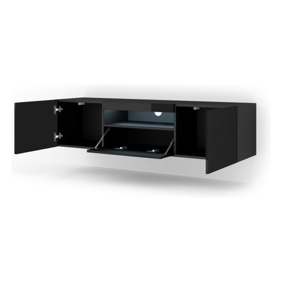 Тумба ТВ AURA 150 см, чёрный матовый с фасадом чёрным глянцем, с подсветкой