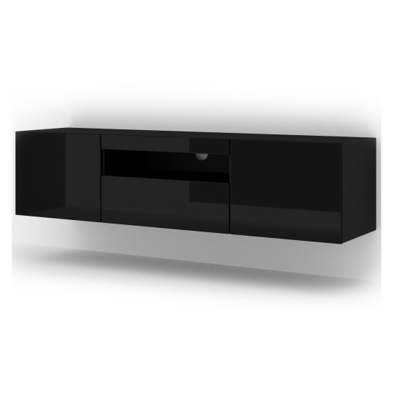 מזנון טלוויזיה AURA 150, שחור מט עם חזית שחור מבריק, עם תאורה
