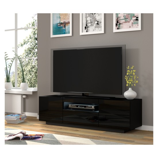 מזנון טלוויזיה AURA 150, שחור מט עם חזית שחור מבריק, עם תאורה