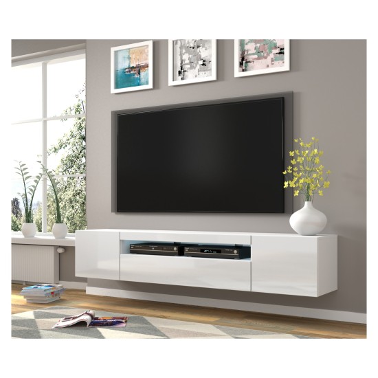 מזנון טלוויזיה AURA 200, לבן מט עם חזית לבן מבריק, עם תאורה