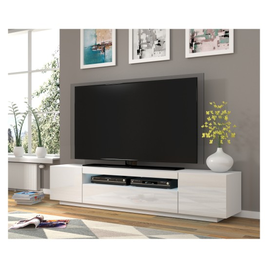 מזנון טלוויזיה AURA 200, לבן מט עם חזית לבן מבריק, עם תאורה