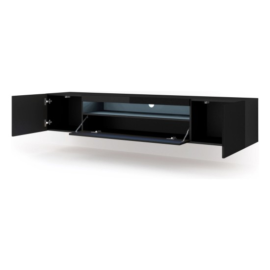 TV unit AURA 200 cm, black mat with black gloss front, with LED