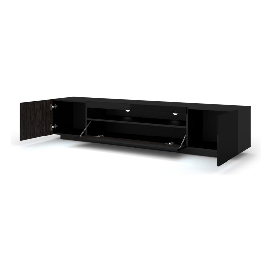 TV unit AURA 200 cm, black mat with black gloss front, with LED