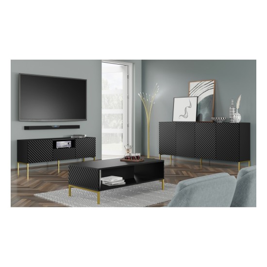 TV unit SURF 150 cm, 2 doors and 1 drawer, black mat, black legs